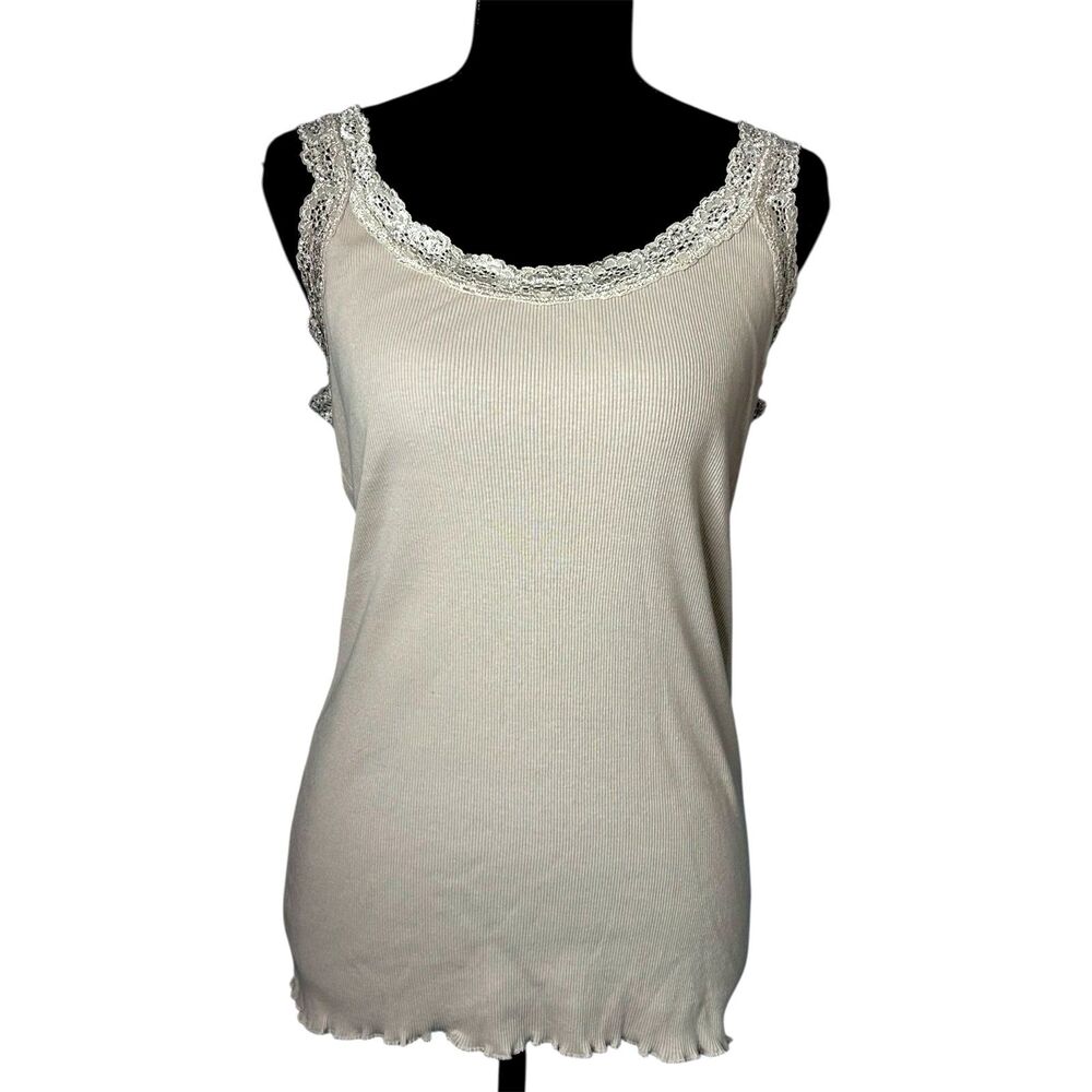 Womens Tan Sleeveless Lace Camisole Sz L Y2K 2000s Retro Neutral Cotton Fitted